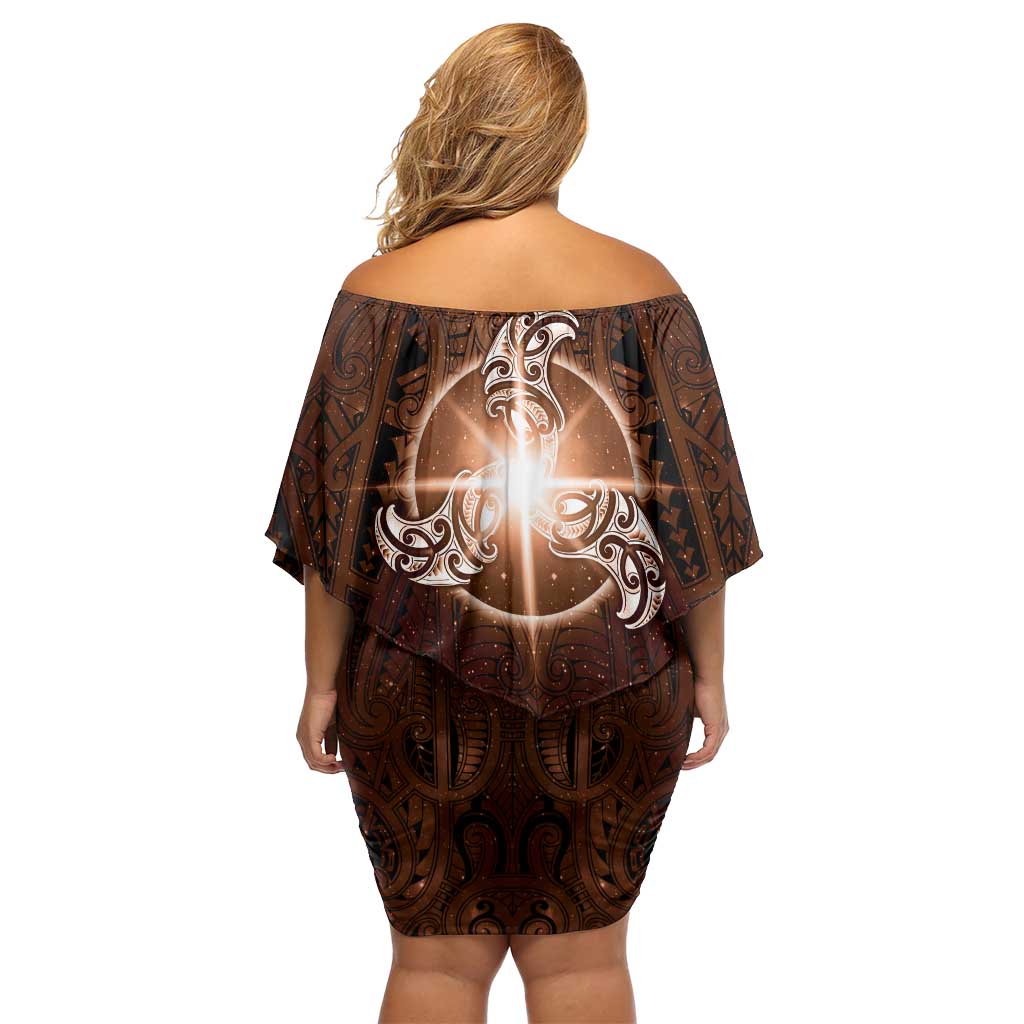 New Zealand Matariki Tupuanuku Family Matching Off Shoulder Short Dress and Hawaiian Shirt Maori Moko Brown Galaxy LT05 - Polynesian Pride