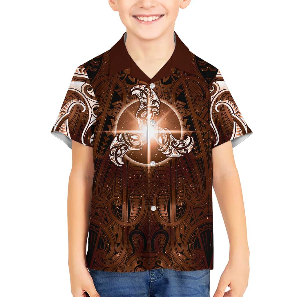 New Zealand Matariki Tupuanuku Family Matching Off Shoulder Short Dress and Hawaiian Shirt Maori Moko Brown Galaxy LT05 Son's Shirt Brown - Polynesian Pride