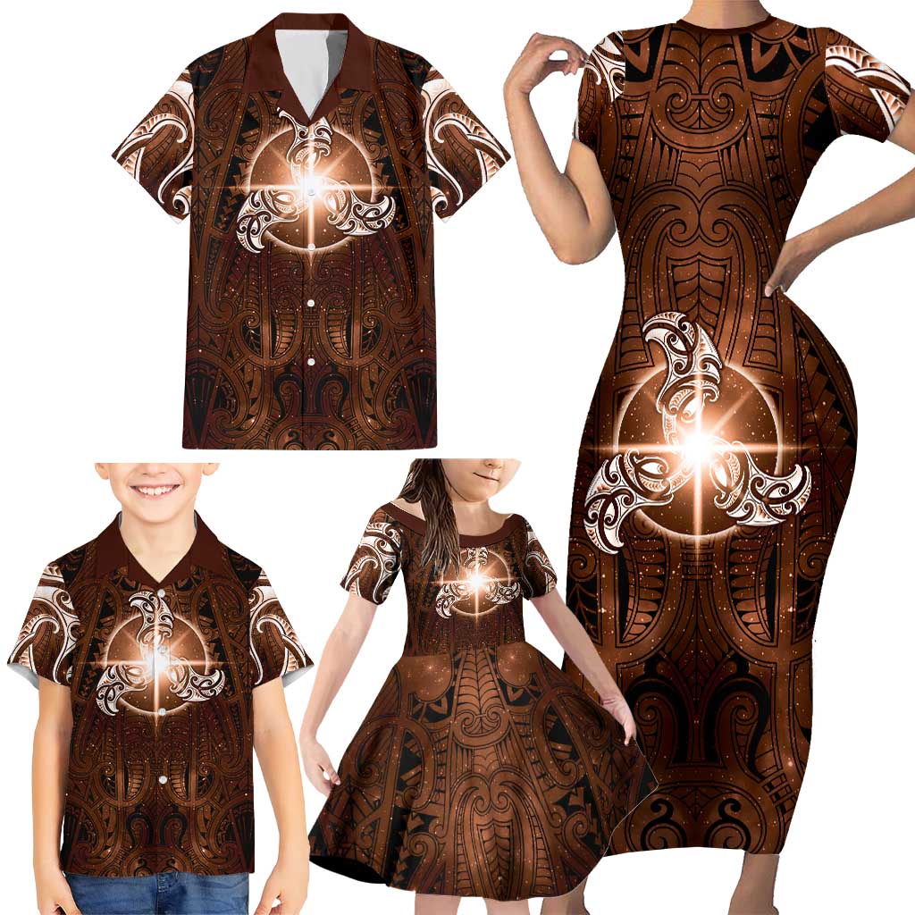New Zealand Matariki Tupuanuku Family Matching Short Sleeve Bodycon Dress and Hawaiian Shirt Maori Moko Brown Galaxy