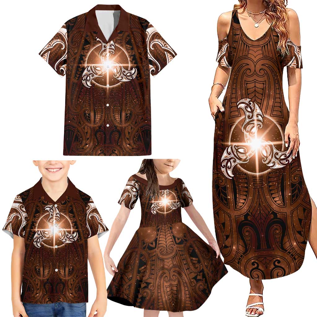 New Zealand Matariki Tupuanuku Family Matching Summer Maxi Dress and Hawaiian Shirt Maori Moko Brown Galaxy LT05 - Polynesian Pride
