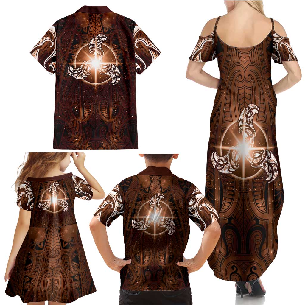 New Zealand Matariki Tupuanuku Family Matching Summer Maxi Dress and Hawaiian Shirt Maori Moko Brown Galaxy LT05 - Polynesian Pride