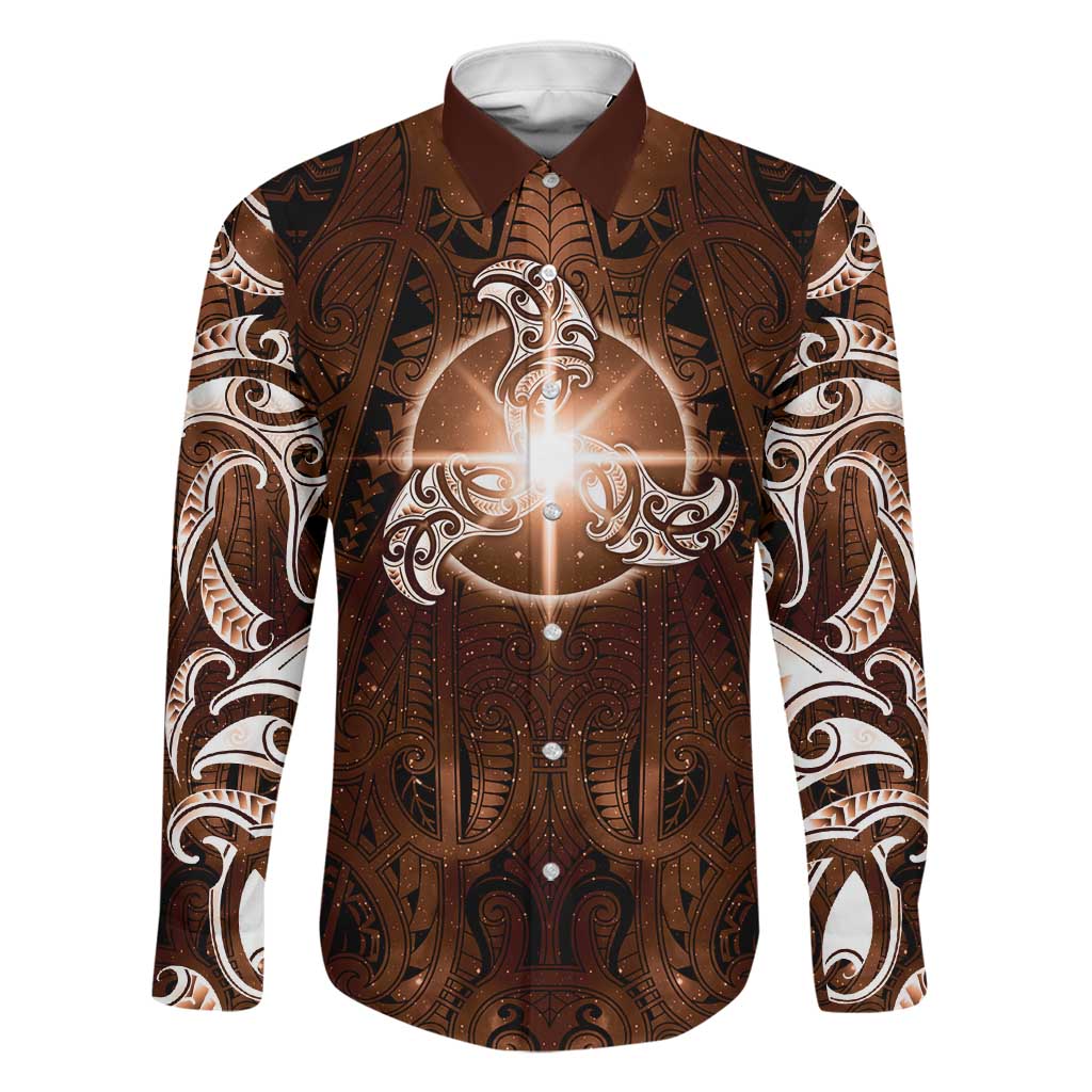 New Zealand Matariki Tupuanuku Family Matching Summer Maxi Dress and Hawaiian Shirt Maori Moko Brown Galaxy LT05 Dad's Shirt - Long Sleeve Brown - Polynesian Pride