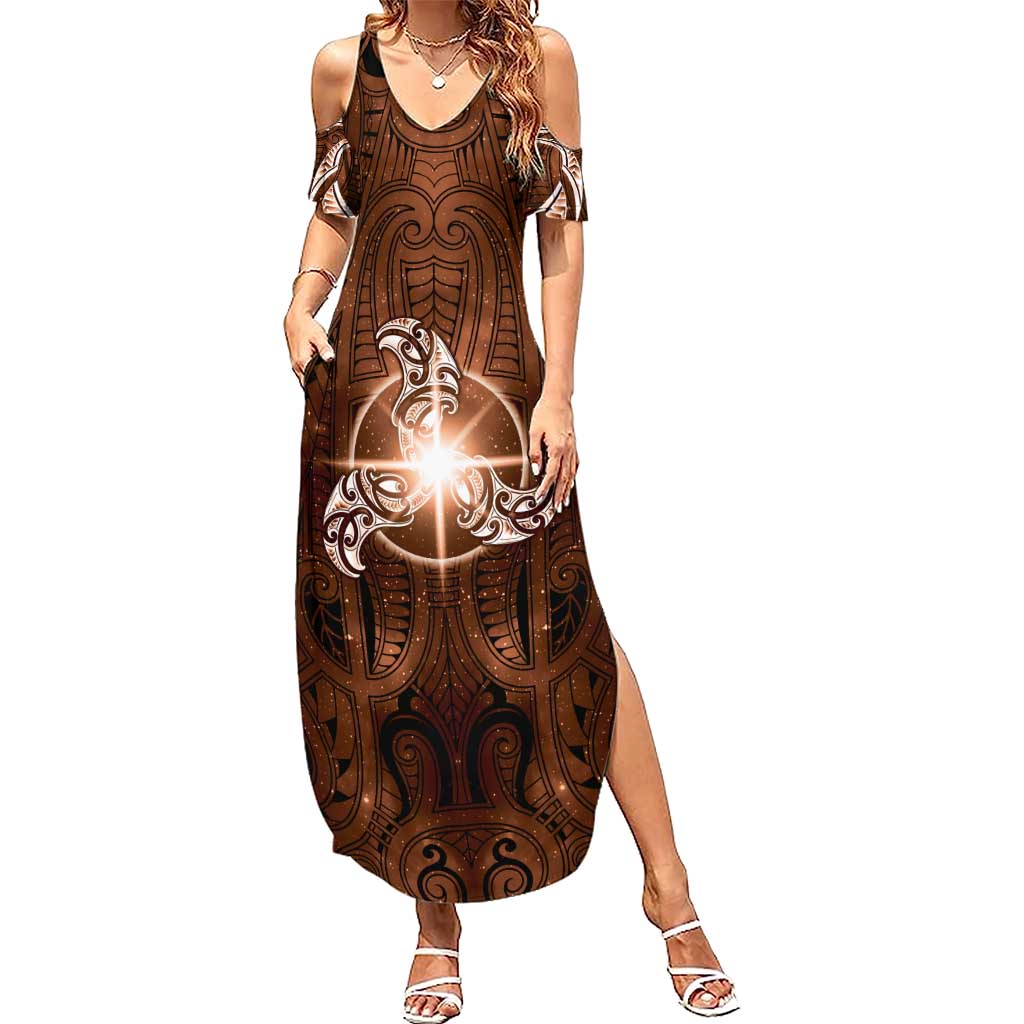 New Zealand Matariki Tupuanuku Family Matching Summer Maxi Dress and Hawaiian Shirt Maori Moko Brown Galaxy LT05 Mom's Dress Brown - Polynesian Pride