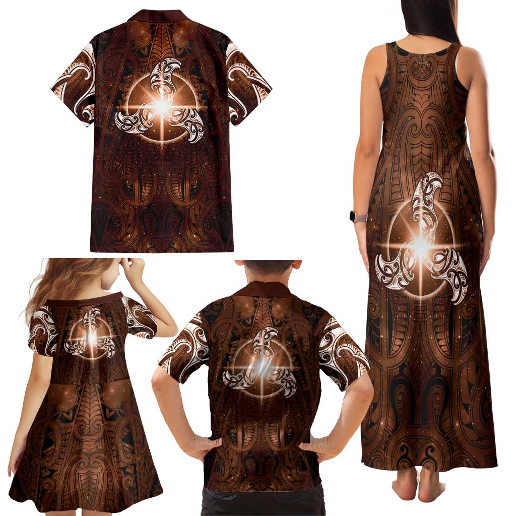 New Zealand Matariki Tupuanuku Family Matching Tank Maxi Dress and Hawaiian Shirt Maori Moko Brown Galaxy