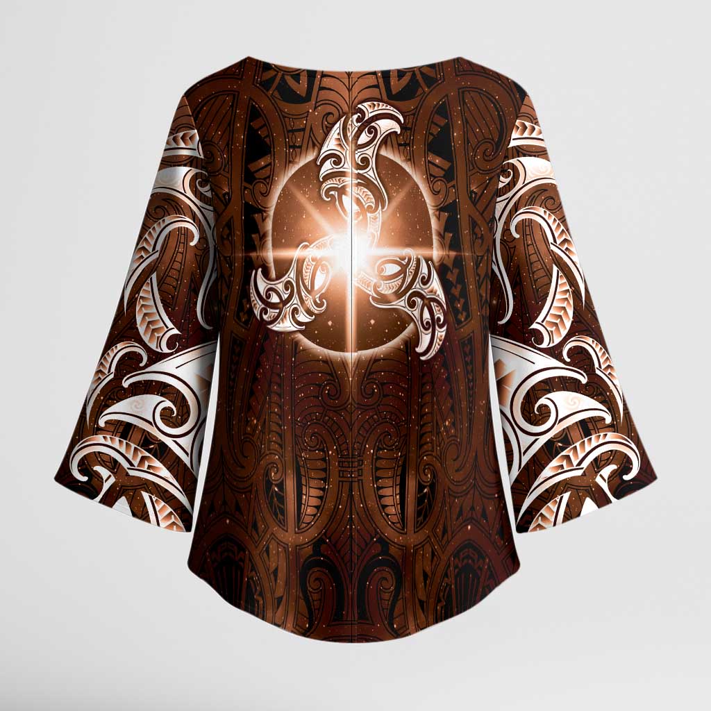New Zealand Matariki Tupuanuku Kimono Sleeve Blouse Maori Moko Brown Galaxy