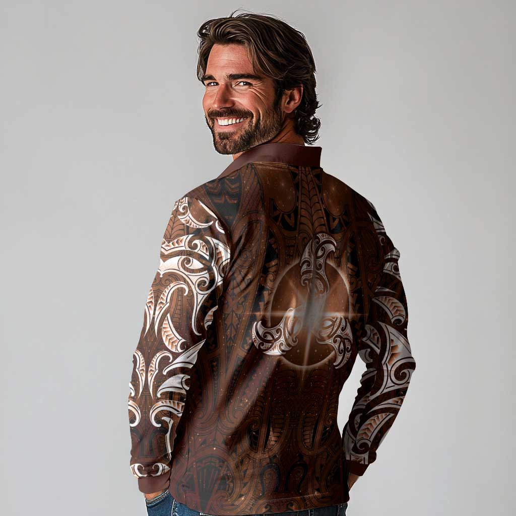New Zealand Matariki Tupuanuku Long Sleeve Polo Shirt Maori Moko Brown Galaxy