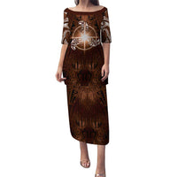 New Zealand Matariki Tupuanuku Puletasi Maori Moko Brown Galaxy LT05 Long Dress Brown - Polynesian Pride