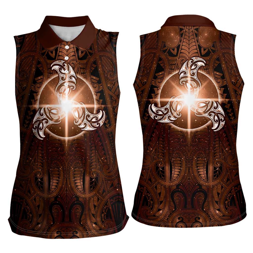 New Zealand Matariki Tupuanuku Women Sleeveless Polo Shirt Maori Moko Brown Galaxy