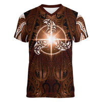 New Zealand Matariki Tupuanuku Women V-Neck T-Shirt Maori Moko Brown Galaxy