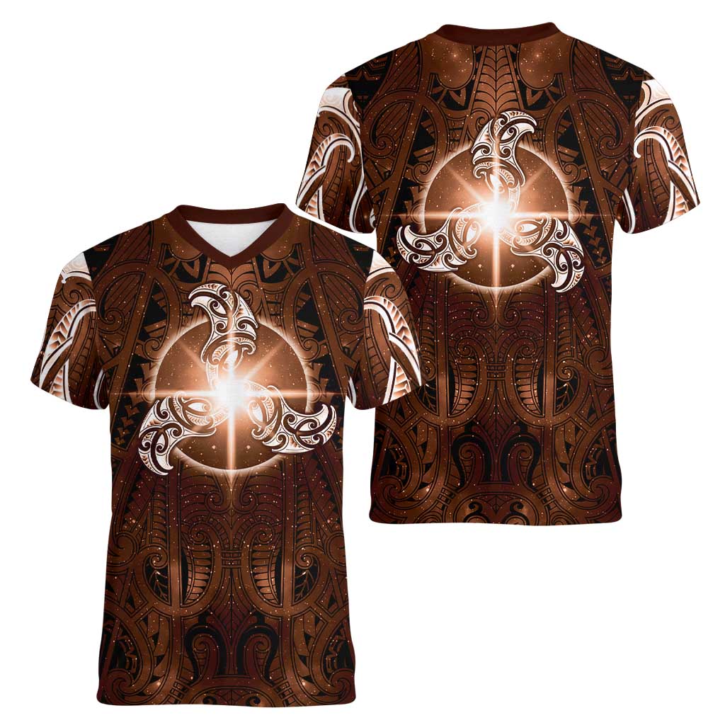 New Zealand Matariki Tupuanuku Women V-Neck T-Shirt Maori Moko Brown Galaxy
