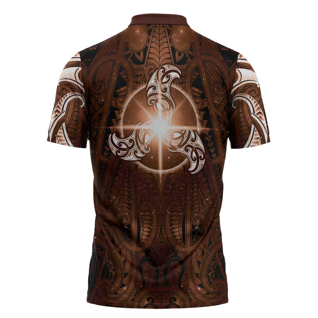 New Zealand Matariki Tupuanuku Zipper Polo Shirt Maori Moko Brown Galaxy
