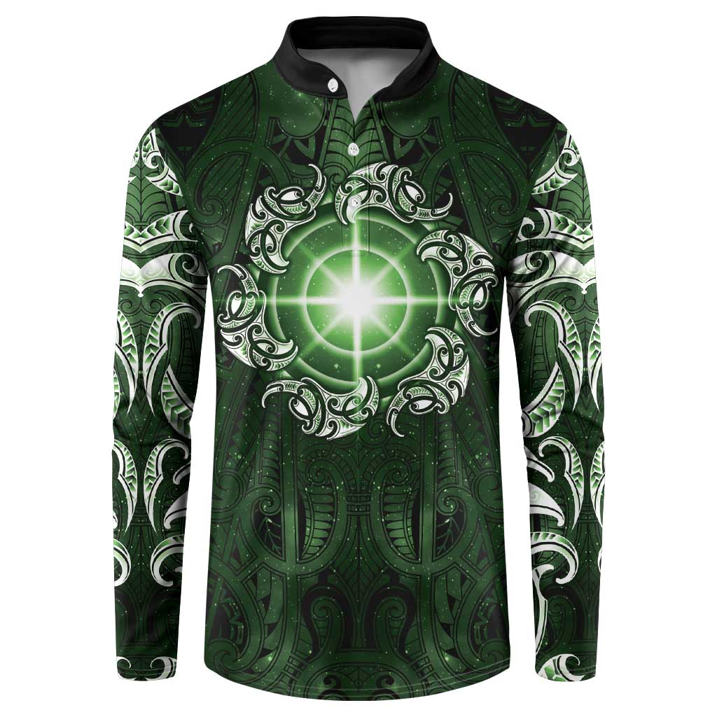 New Zealand Matariki Tupuarangi Button Sweatshirt Maori Moko Green Galaxy