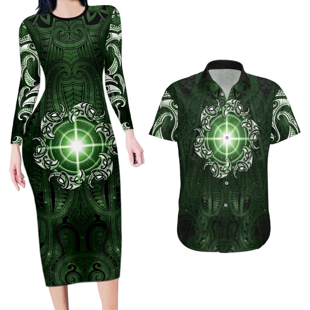 New Zealand Matariki Tupuarangi Couples Matching Long Sleeve Bodycon Dress and Hawaiian Shirt Maori Moko Green Galaxy