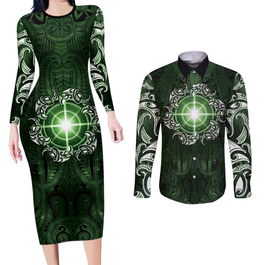 New Zealand Matariki Tupuarangi Couples Matching Long Sleeve Bodycon Dress and Long Sleeve Button Shirt Maori Moko Green Galaxy