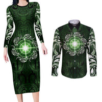 New Zealand Matariki Tupuarangi Couples Matching Long Sleeve Bodycon Dress and Long Sleeve Button Shirt Maori Moko Green Galaxy