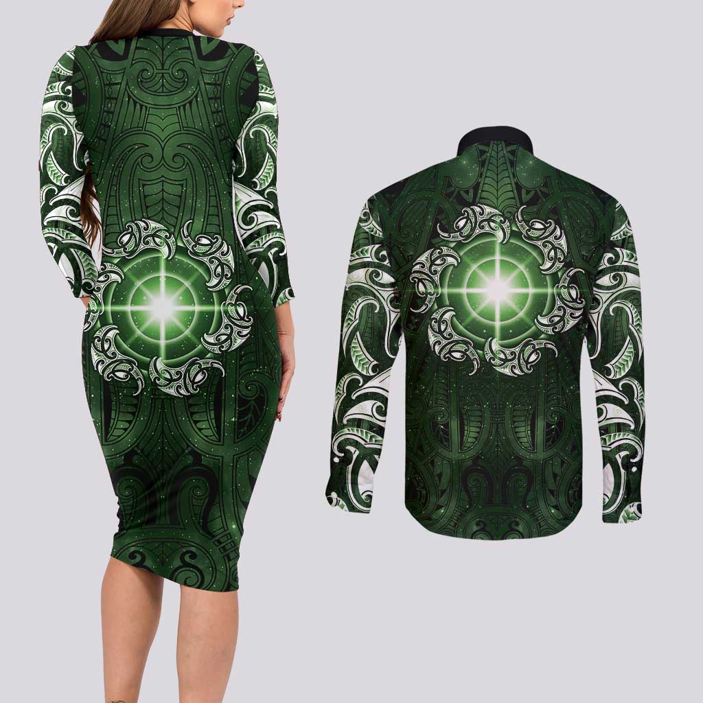 New Zealand Matariki Tupuarangi Couples Matching Long Sleeve Bodycon Dress and Long Sleeve Button Shirt Maori Moko Green Galaxy