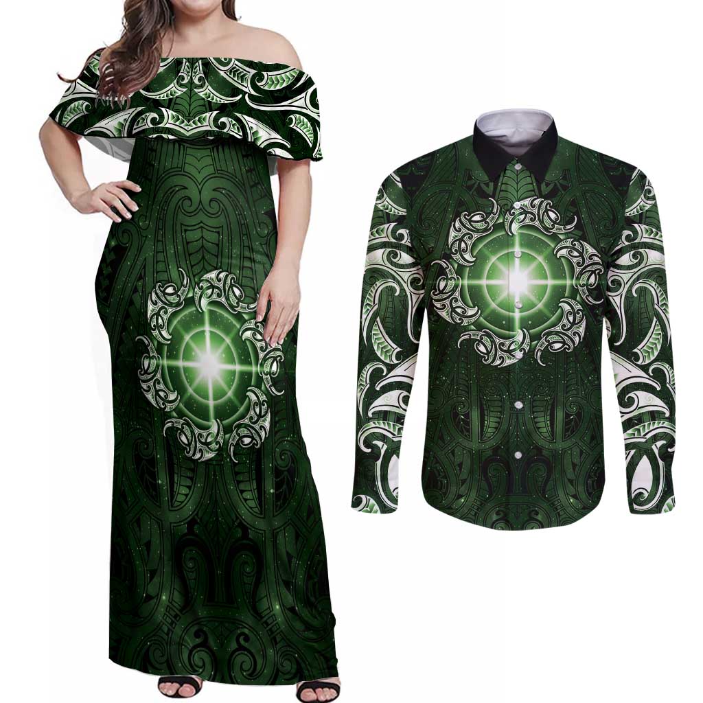 New Zealand Matariki Tupuarangi Couples Matching Off Shoulder Maxi Dress and Long Sleeve Button Shirt Maori Moko Green Galaxy LT05 Green - Polynesian Pride