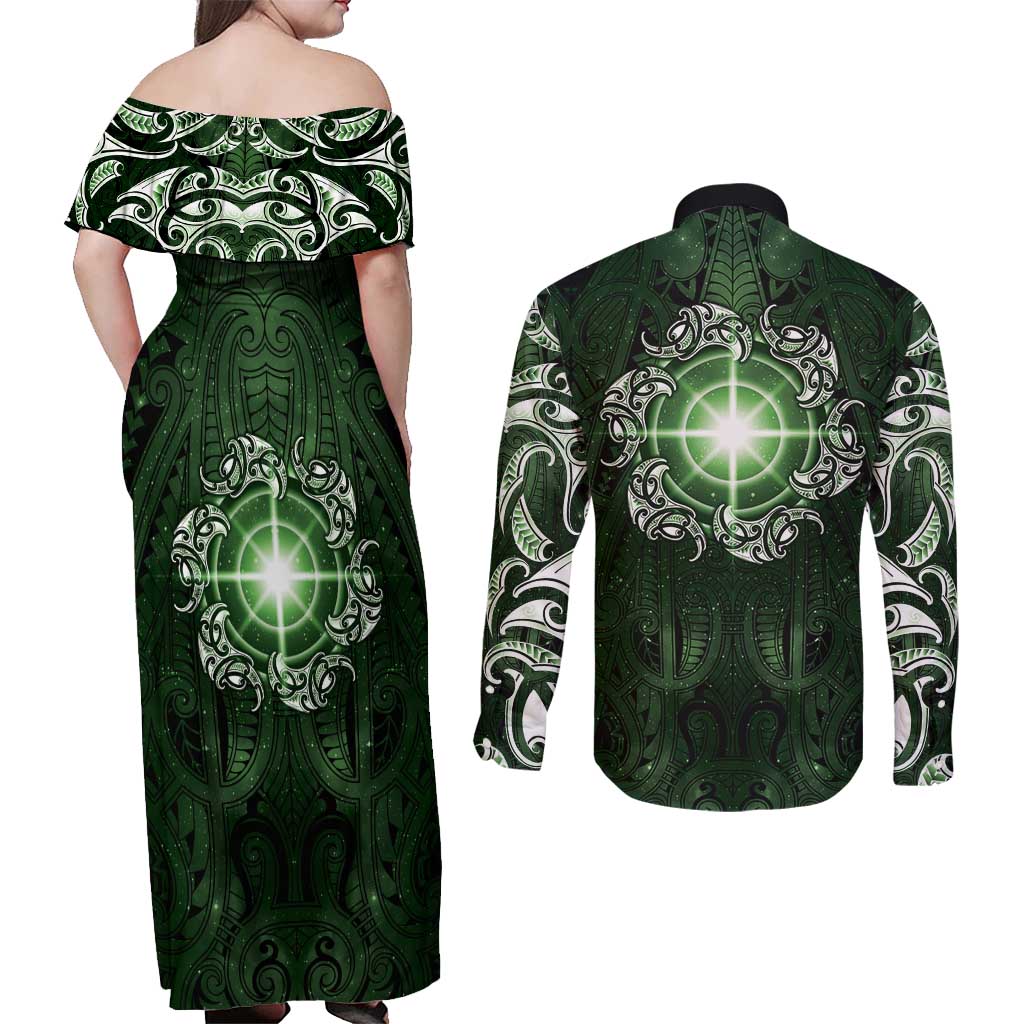 New Zealand Matariki Tupuarangi Couples Matching Off Shoulder Maxi Dress and Long Sleeve Button Shirt Maori Moko Green Galaxy LT05 - Polynesian Pride
