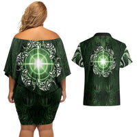 New Zealand Matariki Tupuarangi Couples Matching Off Shoulder Short Dress and Hawaiian Shirt Maori Moko Green Galaxy