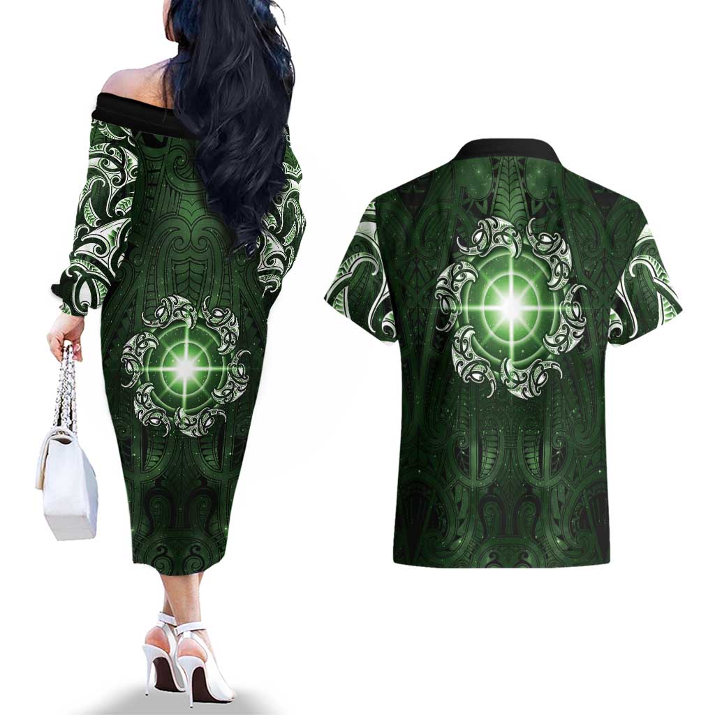 New Zealand Matariki Tupuarangi Couples Matching Off The Shoulder Long Sleeve Dress and Hawaiian Shirt Maori Moko Green Galaxy LT05 - Polynesian Pride