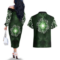 New Zealand Matariki Tupuarangi Couples Matching Off The Shoulder Long Sleeve Dress and Hawaiian Shirt Maori Moko Green Galaxy LT05 - Polynesian Pride