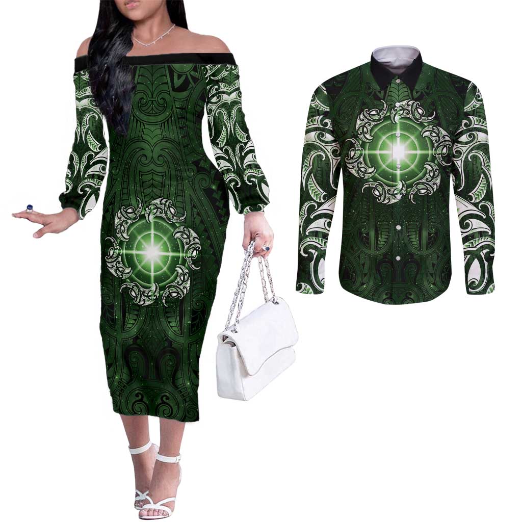 New Zealand Matariki Tupuarangi Couples Matching Off The Shoulder Long Sleeve Dress and Long Sleeve Button Shirt Maori Moko Green Galaxy