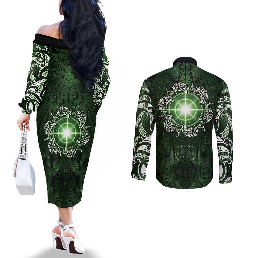 New Zealand Matariki Tupuarangi Couples Matching Off The Shoulder Long Sleeve Dress and Long Sleeve Button Shirt Maori Moko Green Galaxy