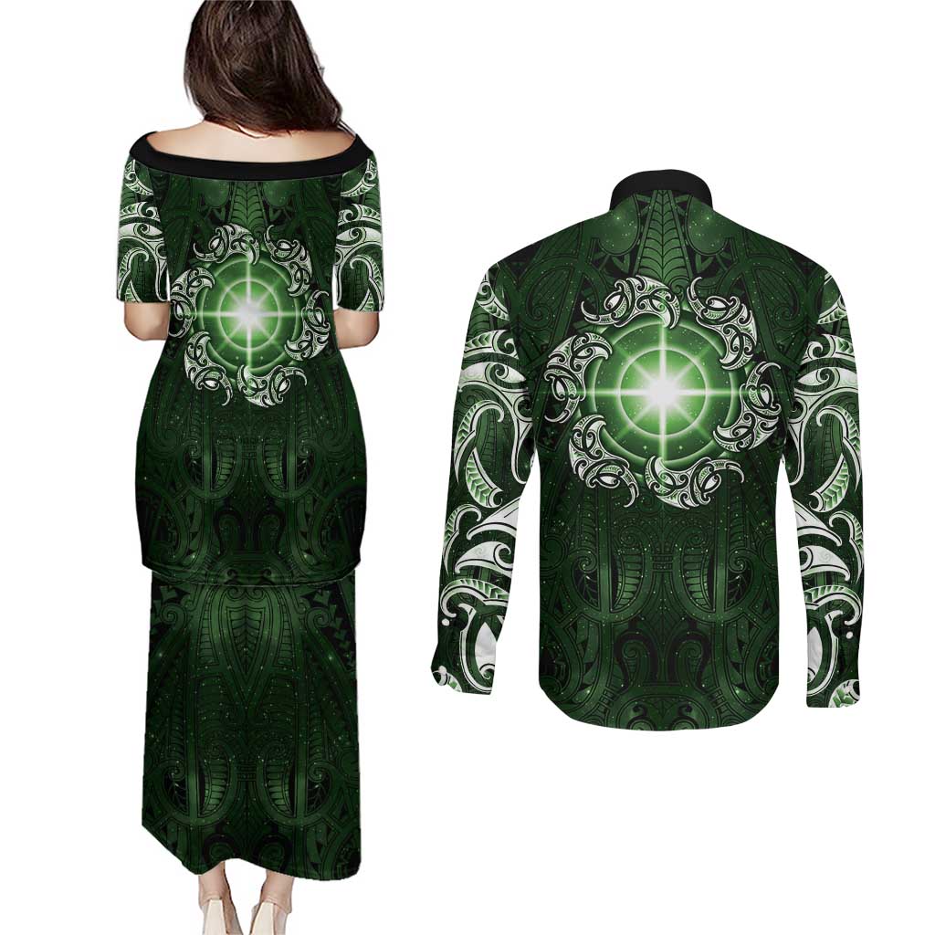 New Zealand Matariki Tupuarangi Couples Matching Puletasi and Long Sleeve Button Shirt Maori Moko Green Galaxy