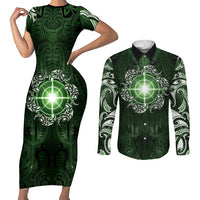 New Zealand Matariki Tupuarangi Couples Matching Short Sleeve Bodycon Dress and Long Sleeve Button Shirt Maori Moko Green Galaxy