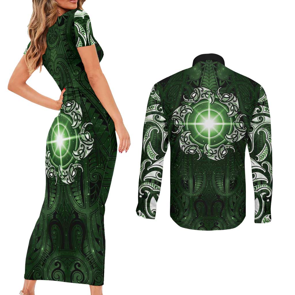 New Zealand Matariki Tupuarangi Couples Matching Short Sleeve Bodycon Dress and Long Sleeve Button Shirt Maori Moko Green Galaxy