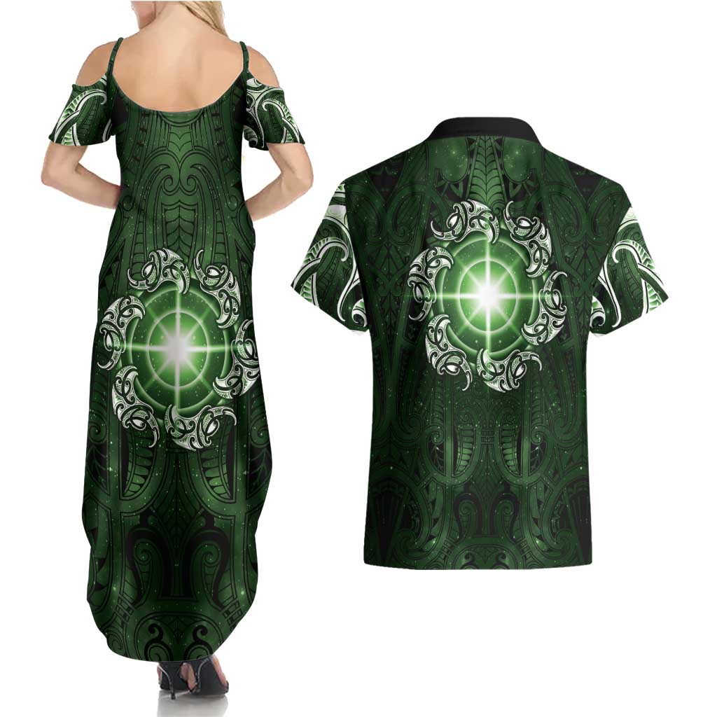 New Zealand Matariki Tupuarangi Couples Matching Summer Maxi Dress and Hawaiian Shirt Maori Moko Green Galaxy