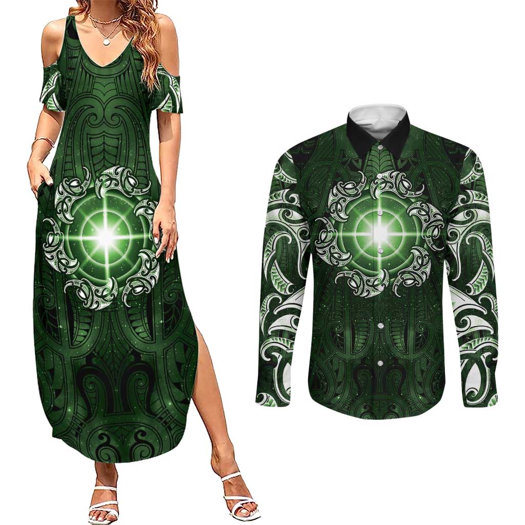 New Zealand Matariki Tupuarangi Couples Matching Summer Maxi Dress and Long Sleeve Button Shirt Maori Moko Green Galaxy