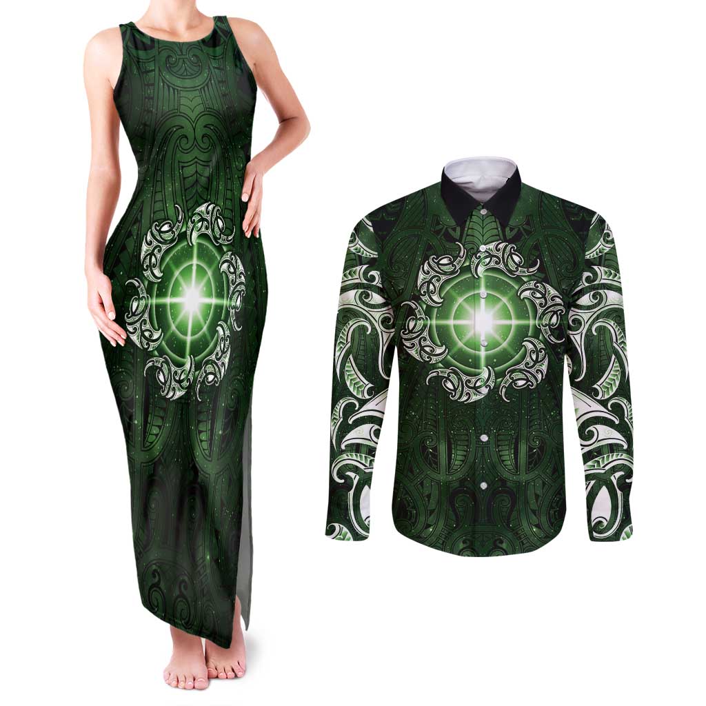 New Zealand Matariki Tupuarangi Couples Matching Tank Maxi Dress and Long Sleeve Button Shirt Maori Moko Green Galaxy