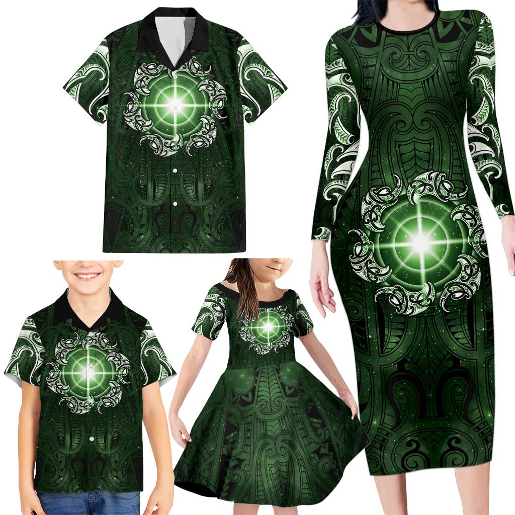New Zealand Matariki Tupuarangi Family Matching Long Sleeve Bodycon Dress and Hawaiian Shirt Maori Moko Green Galaxy