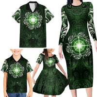 New Zealand Matariki Tupuarangi Family Matching Long Sleeve Bodycon Dress and Hawaiian Shirt Maori Moko Green Galaxy