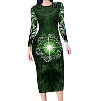 New Zealand Matariki Tupuarangi Family Matching Long Sleeve Bodycon Dress and Hawaiian Shirt Maori Moko Green Galaxy