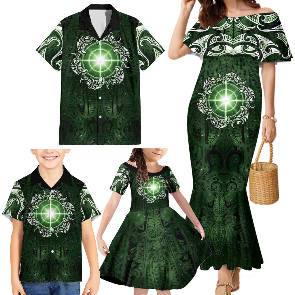 New Zealand Matariki Tupuarangi Family Matching Mermaid Dress and Hawaiian Shirt Maori Moko Green Galaxy