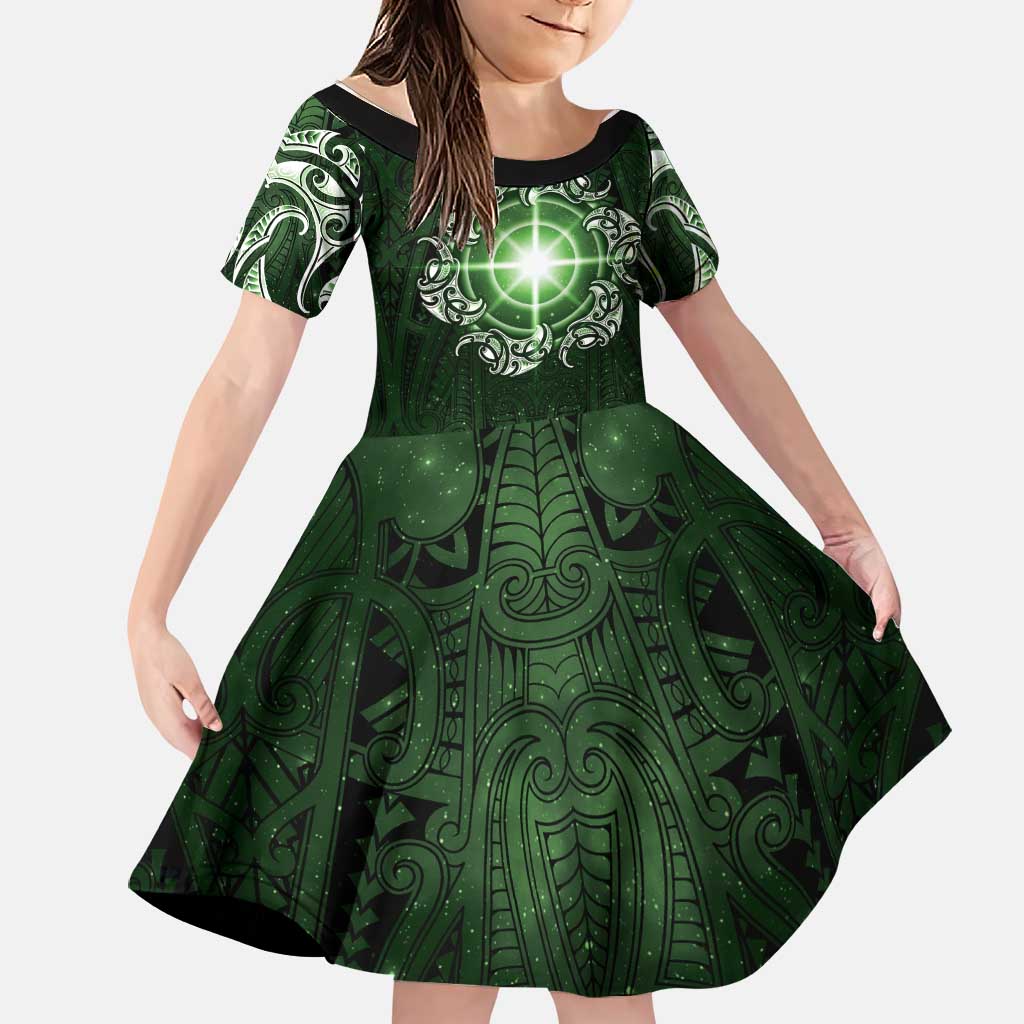 New Zealand Matariki Tupuarangi Family Matching Off The Shoulder Long Sleeve Dress and Hawaiian Shirt Maori Moko Green Galaxy