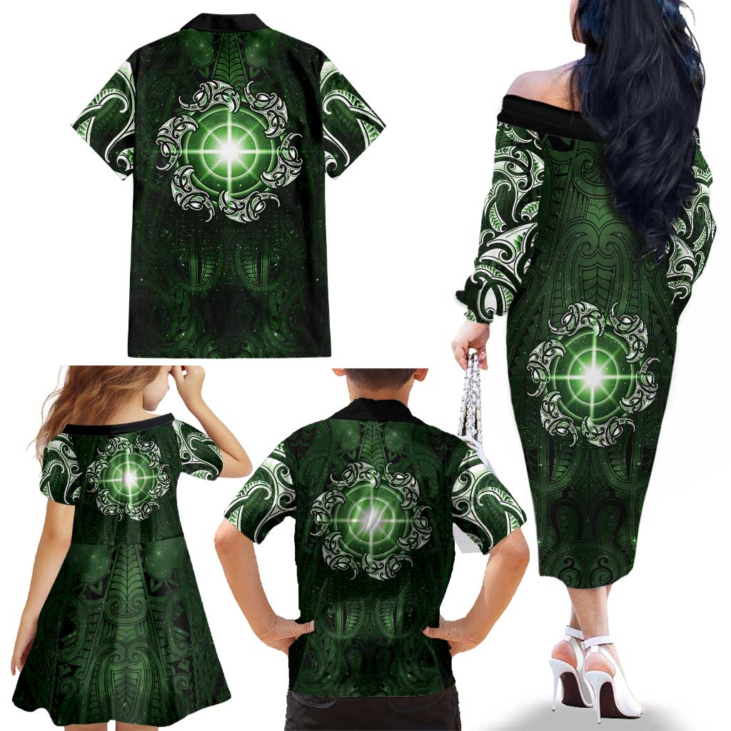 New Zealand Matariki Tupuarangi Family Matching Off The Shoulder Long Sleeve Dress and Hawaiian Shirt Maori Moko Green Galaxy