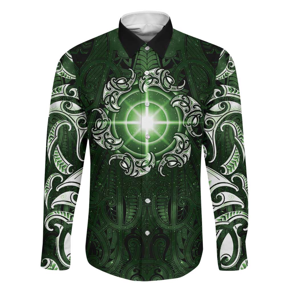 New Zealand Matariki Tupuarangi Family Matching Off The Shoulder Long Sleeve Dress and Hawaiian Shirt Maori Moko Green Galaxy