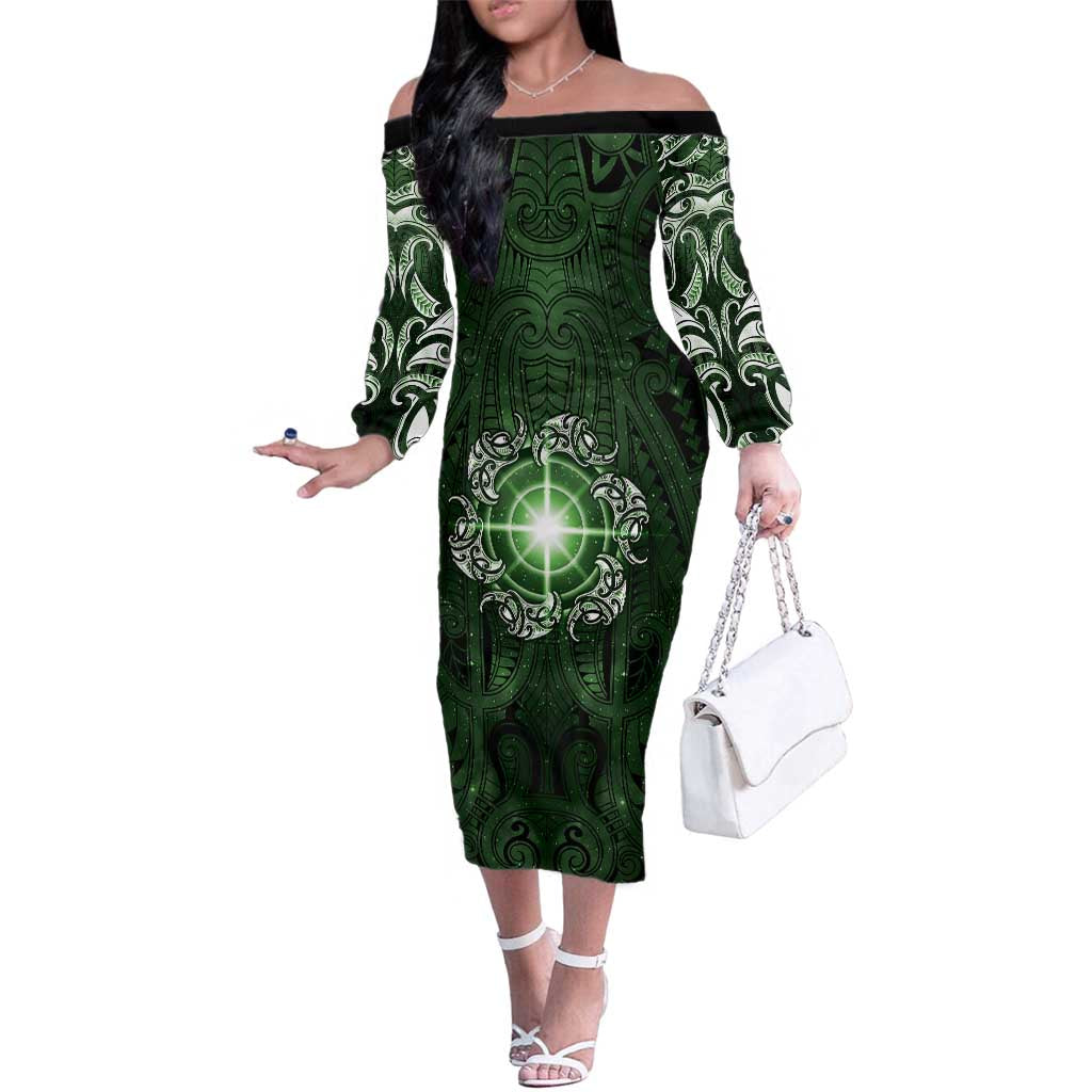 New Zealand Matariki Tupuarangi Family Matching Off The Shoulder Long Sleeve Dress and Hawaiian Shirt Maori Moko Green Galaxy