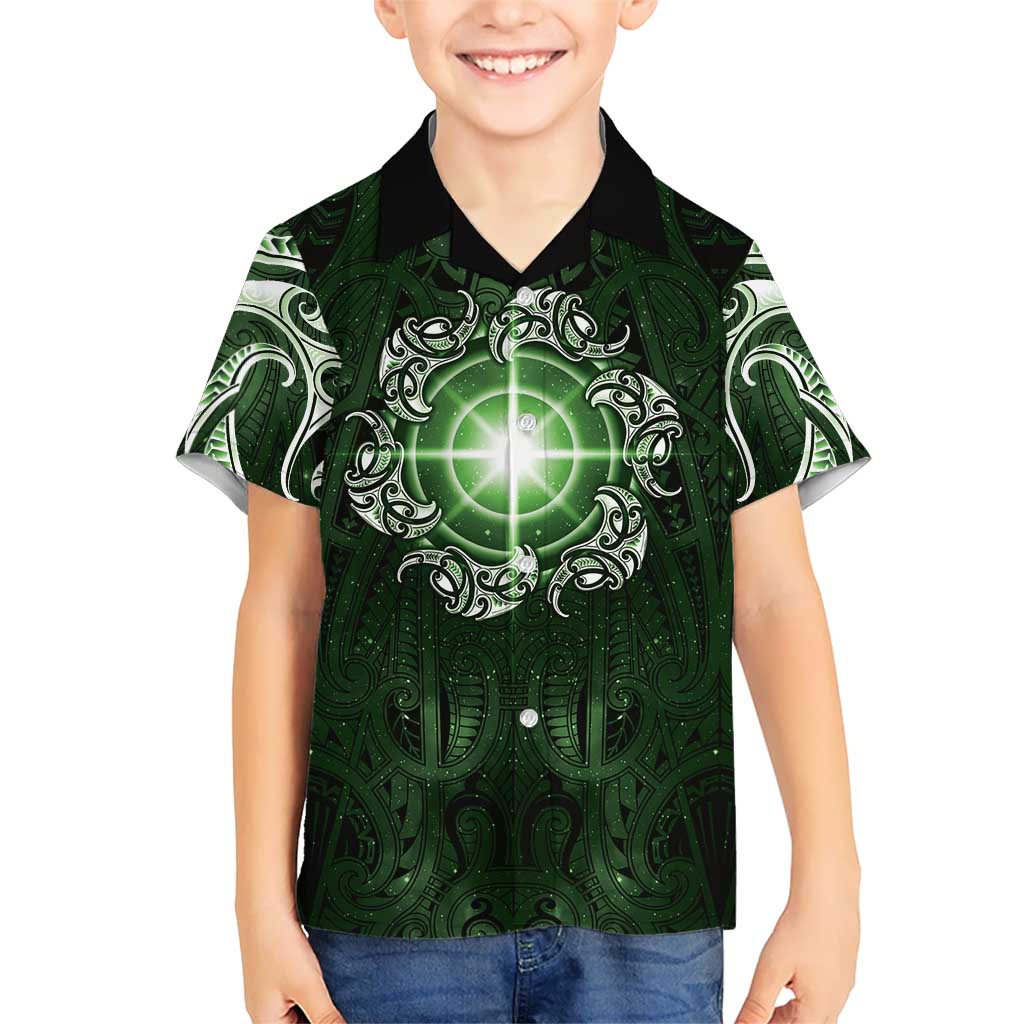New Zealand Matariki Tupuarangi Family Matching Off The Shoulder Long Sleeve Dress and Hawaiian Shirt Maori Moko Green Galaxy
