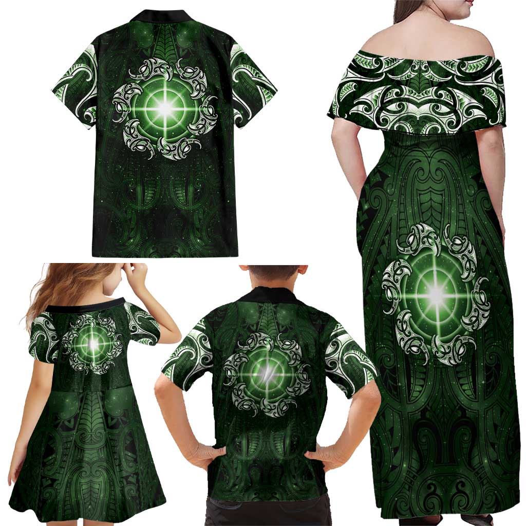 New Zealand Matariki Tupuarangi Family Matching Off Shoulder Maxi Dress and Hawaiian Shirt Maori Moko Green Galaxy
