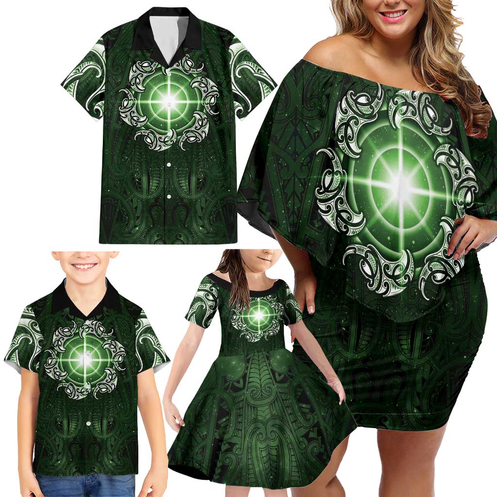 New Zealand Matariki Tupuarangi Family Matching Off Shoulder Short Dress and Hawaiian Shirt Maori Moko Green Galaxy