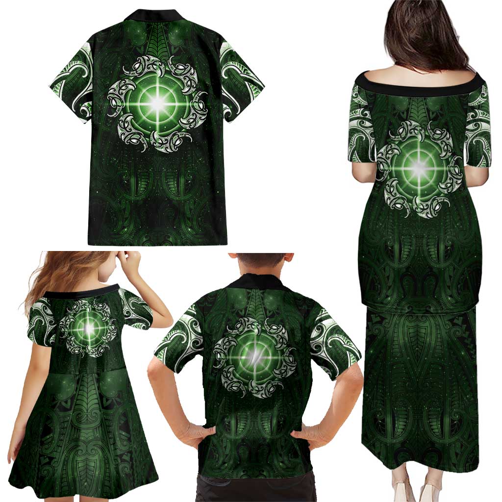 New Zealand Matariki Tupuarangi Family Matching Puletasi and Hawaiian Shirt Maori Moko Green Galaxy