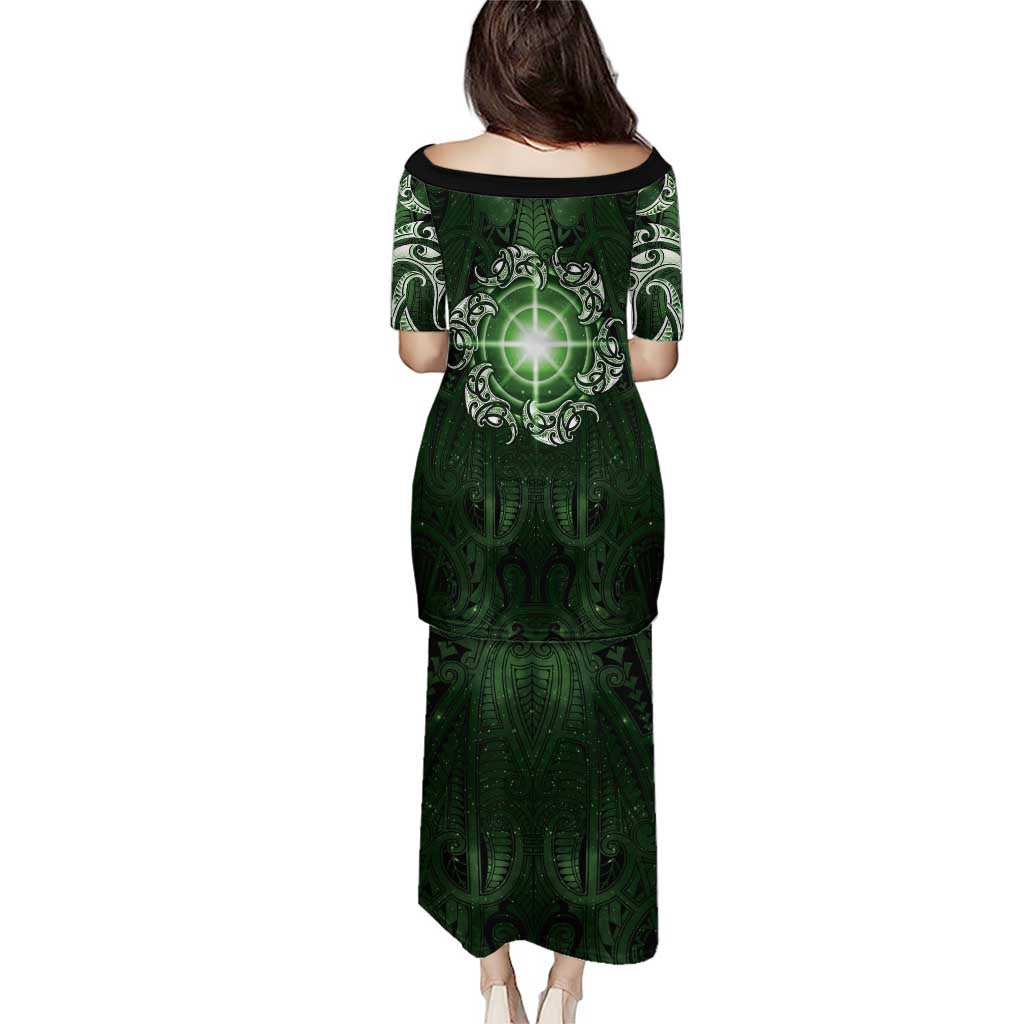 New Zealand Matariki Tupuarangi Family Matching Puletasi and Hawaiian Shirt Maori Moko Green Galaxy