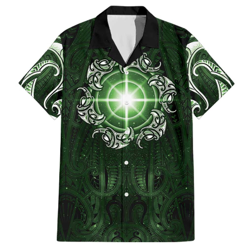 New Zealand Matariki Tupuarangi Family Matching Short Sleeve Bodycon Dress and Hawaiian Shirt Maori Moko Green Galaxy