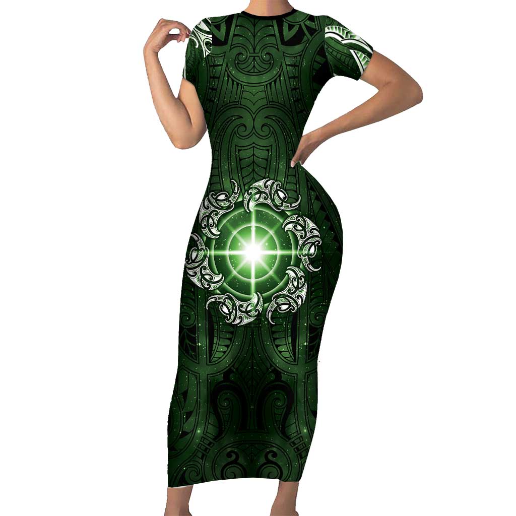 New Zealand Matariki Tupuarangi Family Matching Short Sleeve Bodycon Dress and Hawaiian Shirt Maori Moko Green Galaxy