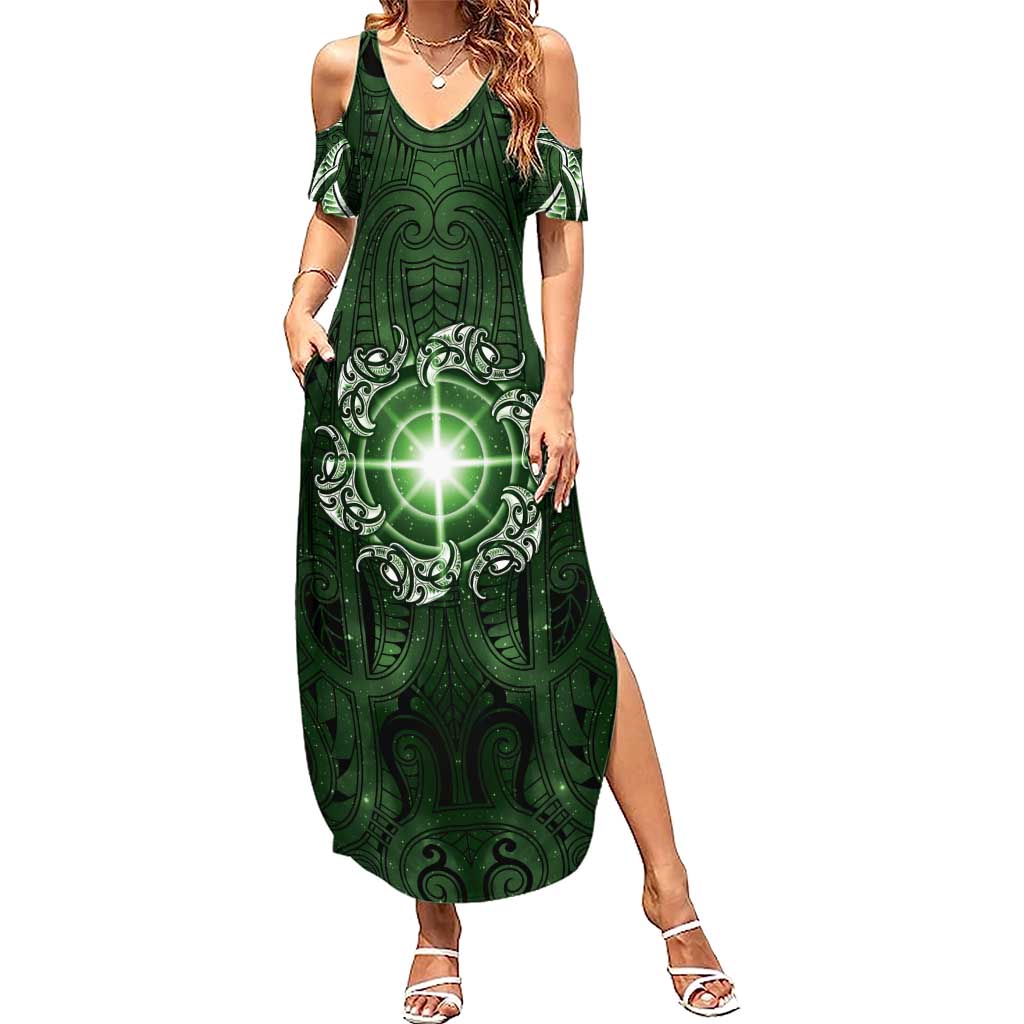 New Zealand Matariki Tupuarangi Family Matching Summer Maxi Dress and Hawaiian Shirt Maori Moko Green Galaxy