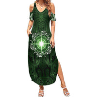 New Zealand Matariki Tupuarangi Family Matching Summer Maxi Dress and Hawaiian Shirt Maori Moko Green Galaxy